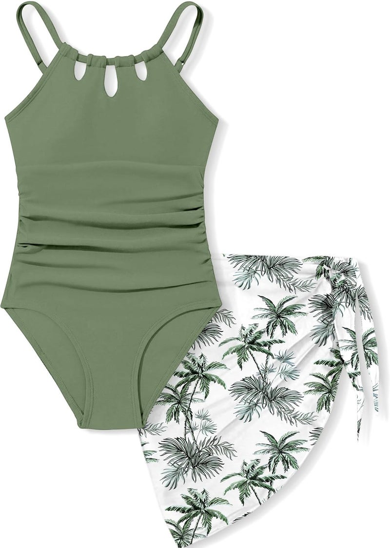 Kangkang Girls Swimsuit Quick Dry Cut Out One Piece Swimsuits with Tropical Print Cover Up Skirt Bathing Suit Swimwear 7-18Y - Image 1